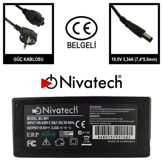 Nivatech BC 901 AC/DC LAPTOP POWER SUPPLY 19,5V 3,34A (7,4*5,0mm) For DELL