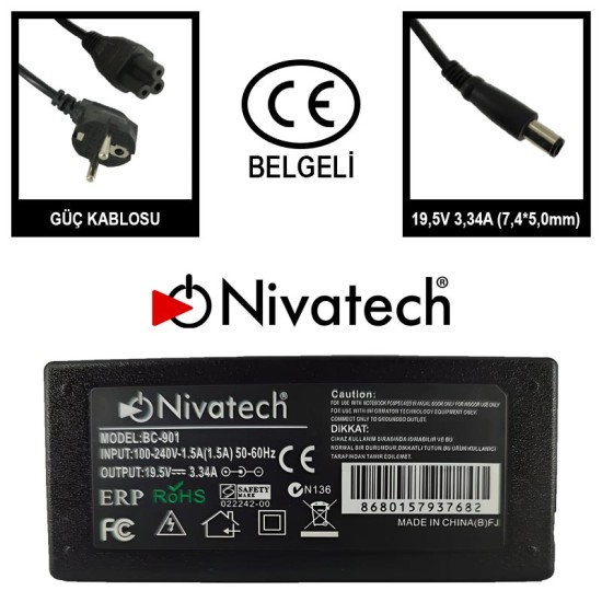 Nivatech BC 901 AC/DC LAPTOP POWER SUPPLY 19,5V 3,34A (7,4*5,0mm) For DELL Nivatech BC 901 AC/DC LAPTOP POWER SUPPLY 19,5V 3,34A (7,4*5,0mm) For DELL