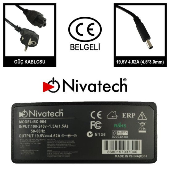 Nivatech BC 904 AC/DC LAPTOP POWER SUPPLY 19,5V 4,62A (4,5*3,0mm) For DELL