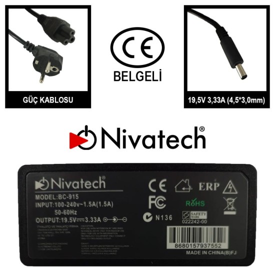 Nivatech BC 915 AC/DC LAPTOP POWER SUPPLY 19,5V 3,33A (4,5*3,0mm) For HP