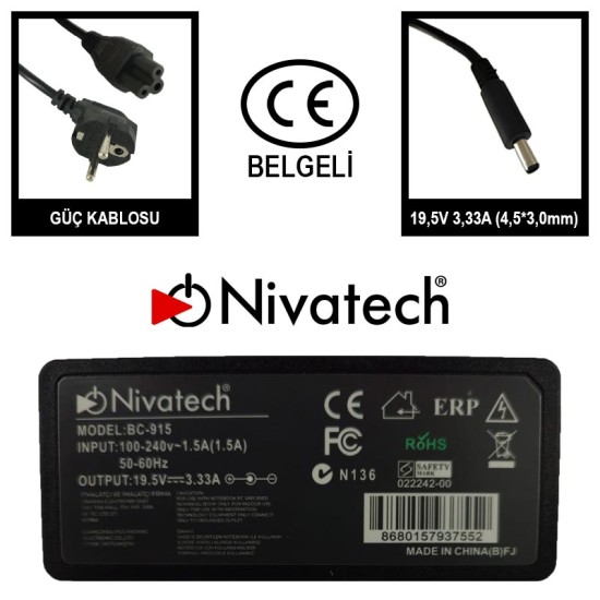 Nivatech BC 915 AC/DC LAPTOP POWER SUPPLY 19,5V 3,33A (4,5*3,0mm) For HP Nivatech BC 915 AC/DC LAPTOP POWER SUPPLY 19,5V 3,33A (4,5*3,0mm) For HP