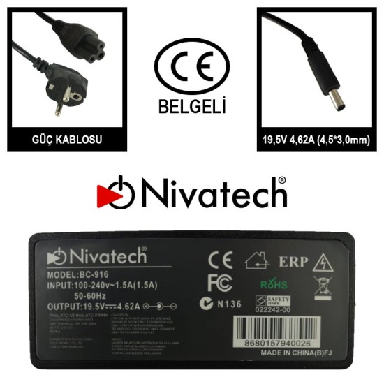 Nivatech BC 916 AC/DC LAPTOP POWER SUPPLY 19,5V 4,62A (4,5*3,0mm) For HP