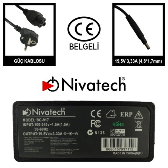 Nivatech BC 917 AC/DC LAPTOP POWER SUPPLY 19,5V 3,33A (4,8*1,7mm) For HP KADEMELİ Nivatech BC 917 AC/DC LAPTOP POWER SUPPLY 19,5V 3,33A (4,8*1,7mm) For HP KADEMELİ