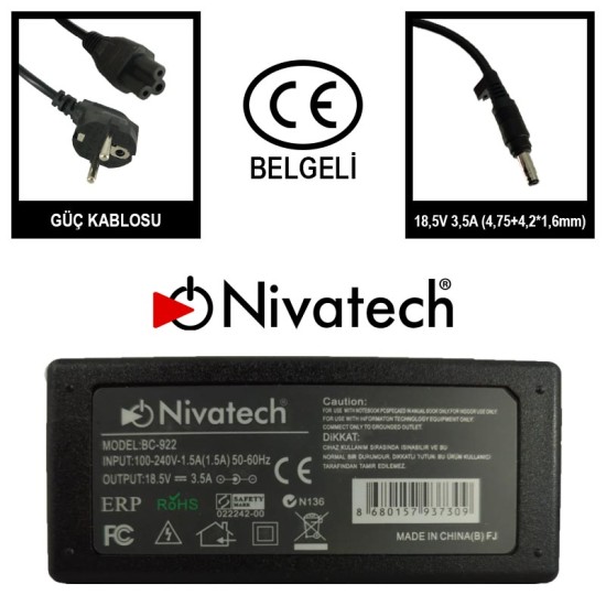 Nivatech BC 922 AC/DC LAPTOP POWER SUPPLY 18,5V 3,5A (4,75+4.2*1,6mm) HP