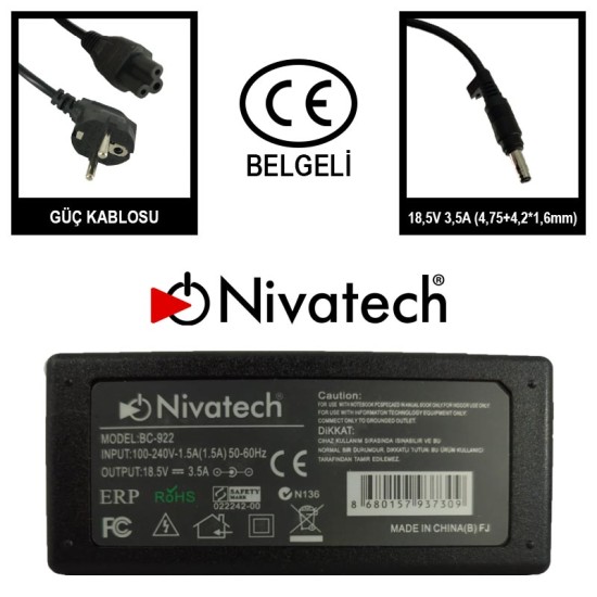 Nivatech BC 922 AC/DC LAPTOP POWER SUPPLY 18,5V 3,5A (4,75+4.2*1,6mm) HP Nivatech BC 922 AC/DC LAPTOP POWER SUPPLY 18,5V 3,5A (4,75+4.2*1,6mm) HP