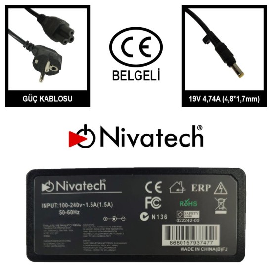 Nivatech BC 924 AC/DC LAPTOP POWER SUPPLY 19V 4,74A (4,8*1,7mm) For HP SARI