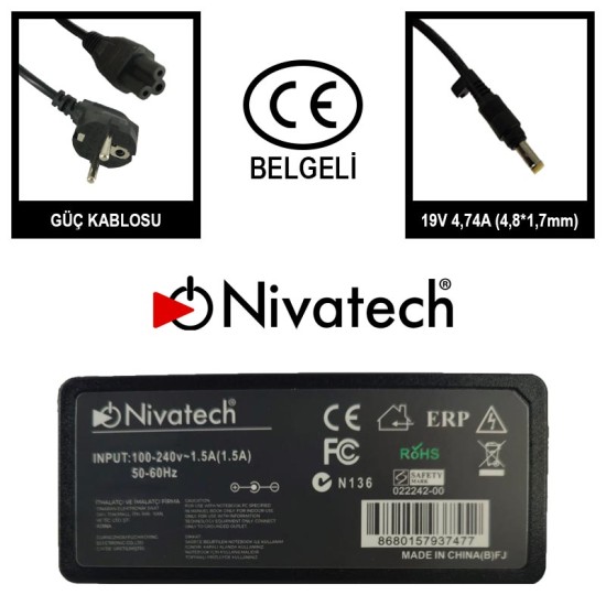 Nivatech BC 923 AC/DC LAPTOP POWER SUPPLY 19V 4,74A (4,75+4,2*1,6mm) For HP BOĞUMLU