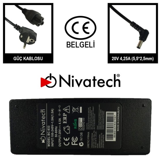 Nivatech BC 933 AC/DC LAPTOP POWER SUPPLY 20V 4,25A (5,5*2,5mm) For LENOVO