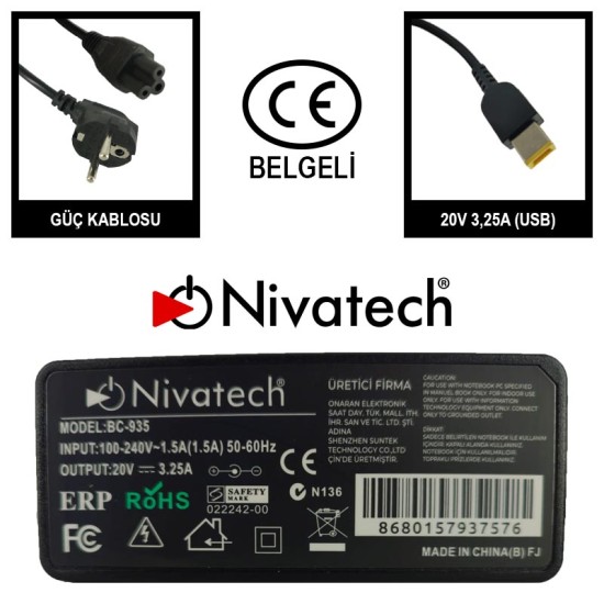 Nivatech BC 935 AC/DC LAPTOP POWER SUPPLY 20V 3,25A (USB) For LENOVO