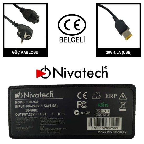 Nivatech BC 936 AC/DC LAPTOP POWER SUPPLY 20V 4,5A (USB) For LENOVO