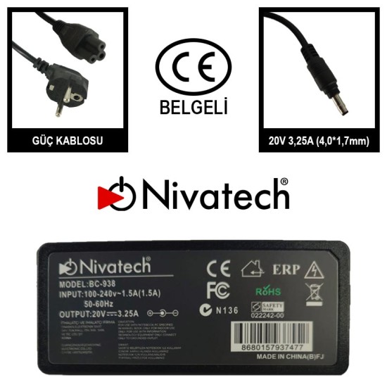 Nivatech BC 938 AC/DC LAPTOP POWER SUPPLY 20V 3,25A (4,0*1,7mm) For LENOVO