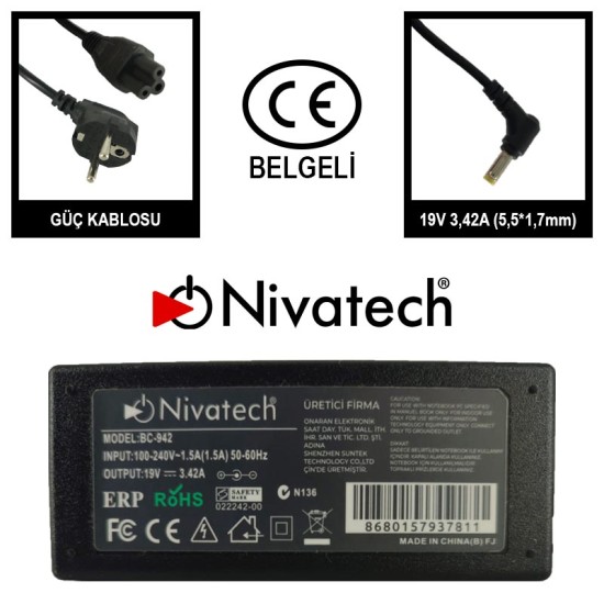 Nivatech BC 942 AC/DC LAPTOP POWER SUPPLY 19V 3,42A (5,5*1,7mm) For ACER