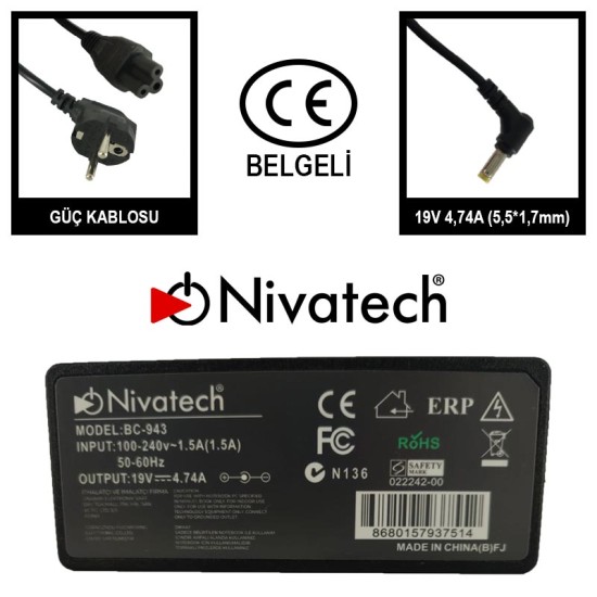 Nivatech BC 943 AC/DC LAPTOP POWER SUPPLY 19V 4,74A (5,5*1,7mm) For ACER