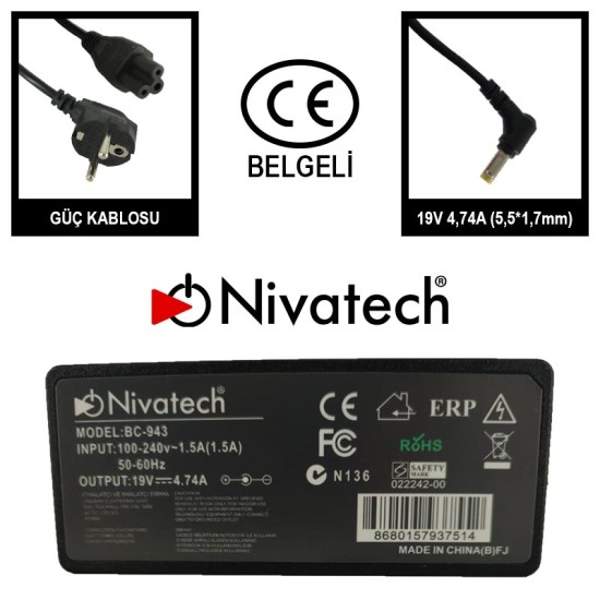 Nivatech BC 943 AC/DC LAPTOP POWER SUPPLY 19V 4,74A (5,5*1,7mm) For ACER Nivatech BC 943 AC/DC LAPTOP POWER SUPPLY 19V 4,74A (5,5*1,7mm) For ACER