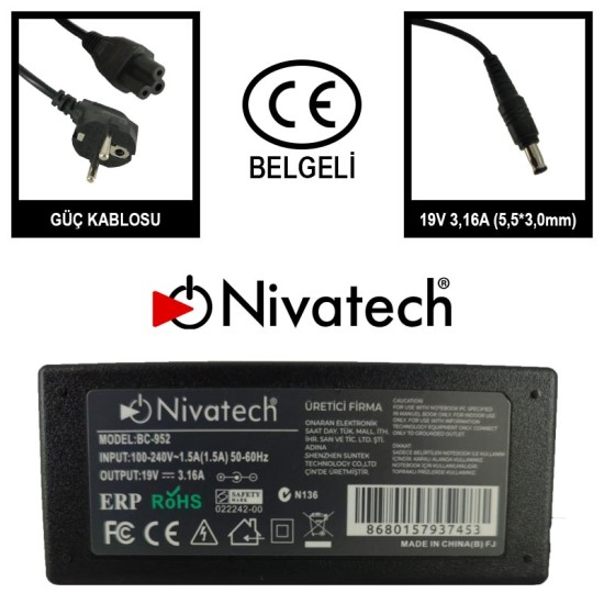 Nivatech BC 952 AC/DC LAPTOP POWER SUPPLY 19V 3,16A (5,5*3,0mm) For SAMSUNG Nivatech BC 952 AC/DC LAPTOP POWER SUPPLY 19V 3,16A (5,5*3,0mm) For SAMSUNG