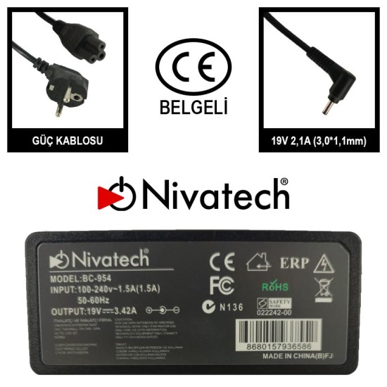 Nivatech BC 954 AC/DC LAPTOP POWER SUPPLY 19V 2,1A (3,0*1,1mm) For SAMSUNG