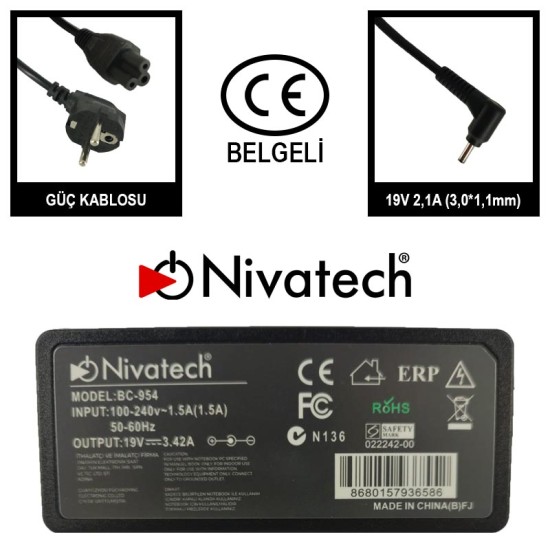 Nivatech BC 954 AC/DC LAPTOP POWER SUPPLY 19V 2,1A (3,0*1,1mm) For SAMSUNG Nivatech BC 954 AC/DC LAPTOP POWER SUPPLY 19V 2,1A (3,0*1,1mm) For SAMSUNG