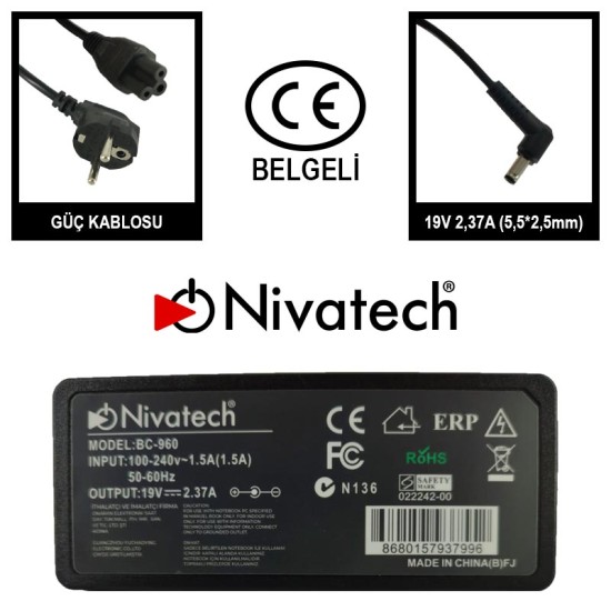 Nivatech BC 960 AC/DC LAPTOP POWER SUPPLY 19V 2,37A (5,5*2,5mm) For STANDART