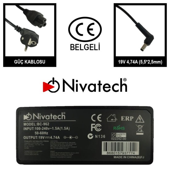 Nivatech BC 962 AC/DC LAPTOP POWER SUPPLY 19V 4,74A (5,5*2,5mm) For STANDART Nivatech BC 962 AC/DC LAPTOP POWER SUPPLY 19V 4,74A (5,5*2,5mm) For STANDART