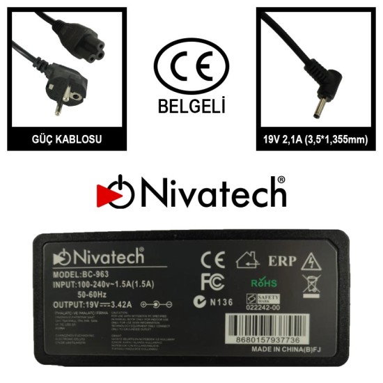 Nivatech BC 963 AC/DC LAPTOP POWER SUPPLY 19V 2,1A (3,5*1,355mm) For CASPER Nivatech BC 963 AC/DC LAPTOP POWER SUPPLY 19V 2,1A (3,5*1,355mm) For CASPER