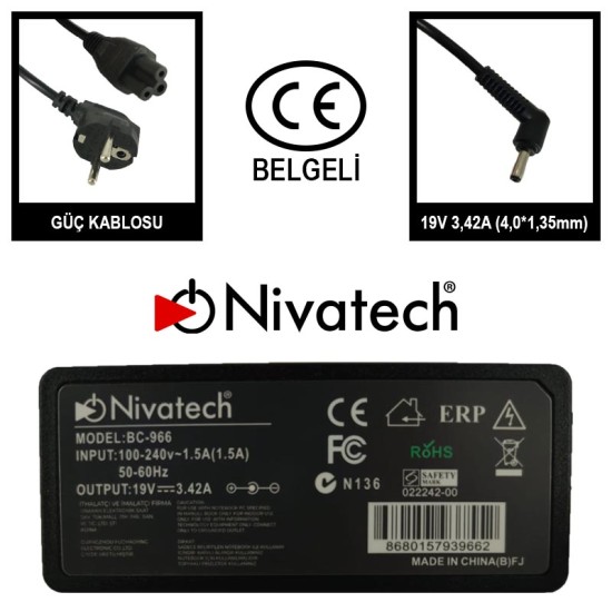 Nivatech BC 966 AC/DC LAPTOP POWER SUPPLY 19V 3,42A (4,0*1,35mm) For ASUS