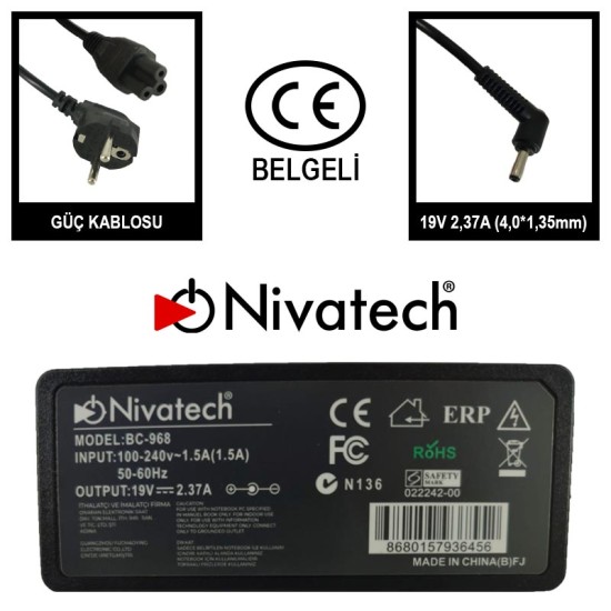 Nivatech BC 968 AC/DC LAPTOP POWER SUPPLY 19V 2,37A (4,0*1,35mm) For ASUS