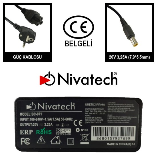 Nivatech BC 971 AC/DC LAPTOP POWER SUPPLY 20V 3,25A (7,9*5,5mm) For LENOVO