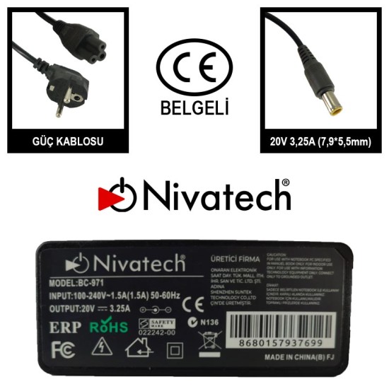 Nivatech BC 971 AC/DC LAPTOP POWER SUPPLY 20V 3,25A (7,9*5,5mm) For LENOVO Nivatech BC 971 AC/DC LAPTOP POWER SUPPLY 20V 3,25A (7,9*5,5mm) For LENOVO