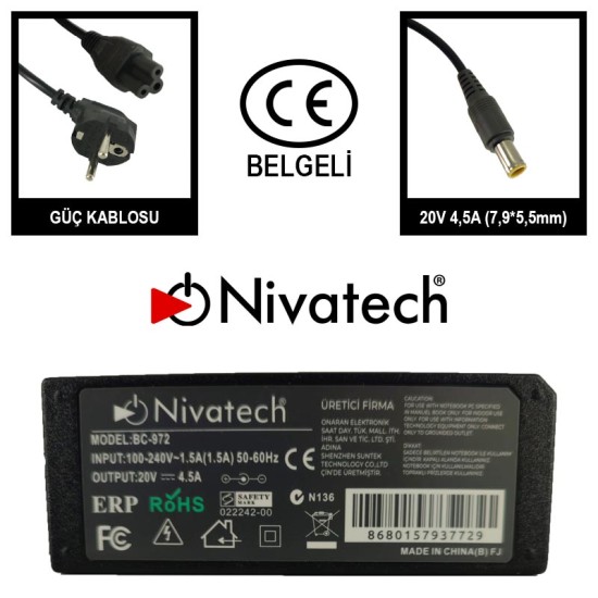 Nivatech BC 972 AC/DC LAPTOP POWER SUPPLY 20V 4,5A (7,9*5,5mm) For LENOVO