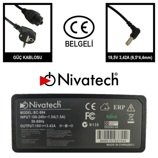 Nivatech BC 994 AC/DC LAPTOP POWER SUPPLY 19,5V 3,42A (6,5*4,4mm) For LG