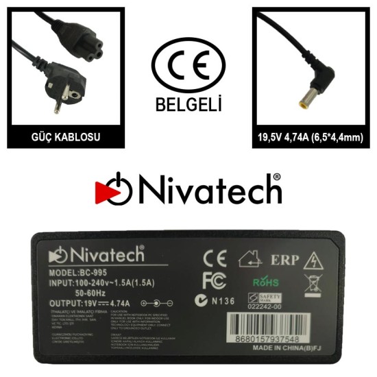Nivatech BC 995 AC/DC LAPTOP POWER SUPPLY 19,5V 4,74A (6,5*4,4mm) For LG