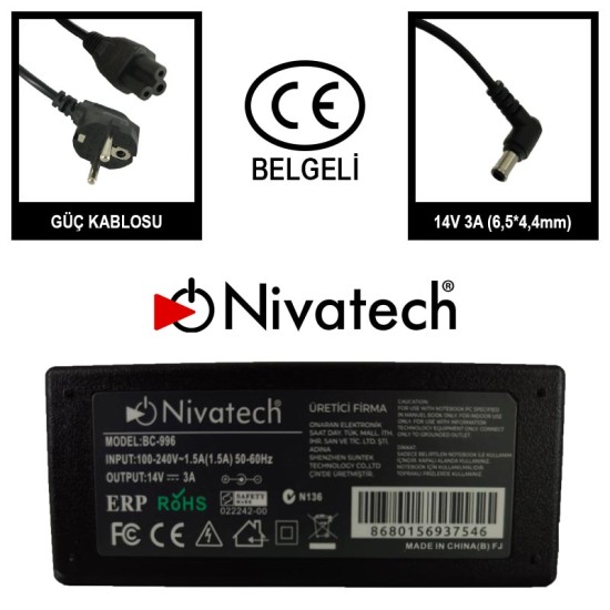 Nivatech BC 996 AC/DC (Monitör Adaptörü) 14V 3A (6,5*4,4mm) For SAMSUNG