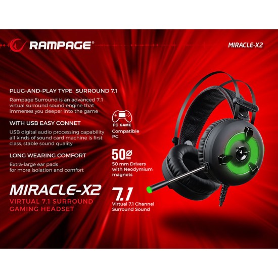 Rampage Miracle-X2 Yeşil Led 7.1 Surround Sound System Mikrofonlu Oyuncu Kulaklığı