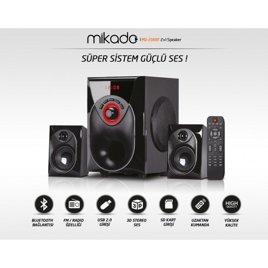 Mikado MD-206BT Siyah 2+1 Bluetooth USB+SD+FM+REMOTE CONTROL Speaker
