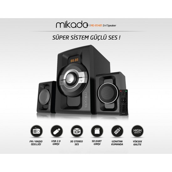 Mikado MD-854BT 2+1 30W+15WX2 Siyah Usb+SD+Fm+Bluetooth Destekli Speaker