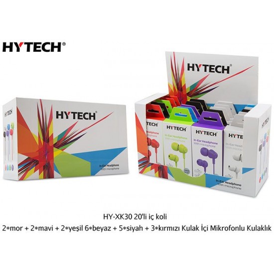 Hytech HY-XK30 20'li iç koli + 2*mor + 2*mavi + 2*yeşil 6*beyaz + 5*siyah + 3*kırmızı Kulak İçi Mikr