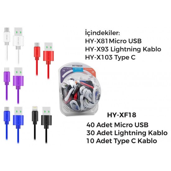Hytech HY-XF18 1m 2A 40xMicro USB + 30xLightning + 10xTypeC color mix şarj kablosu 80'li Fanus