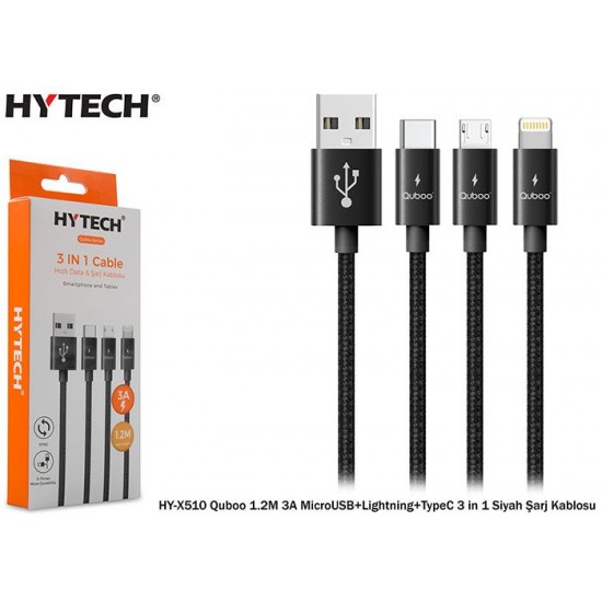 Hytech HY-X510 Quboo 1.2M 3A MicroUSB+Lightning+TypeC 3 in 1 Siyah Şarj Kablosu